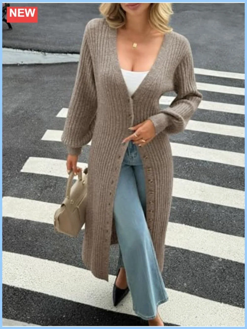 Chunky Knit Long Cardigan V-Neck Button Down Maxi Sweater Dress